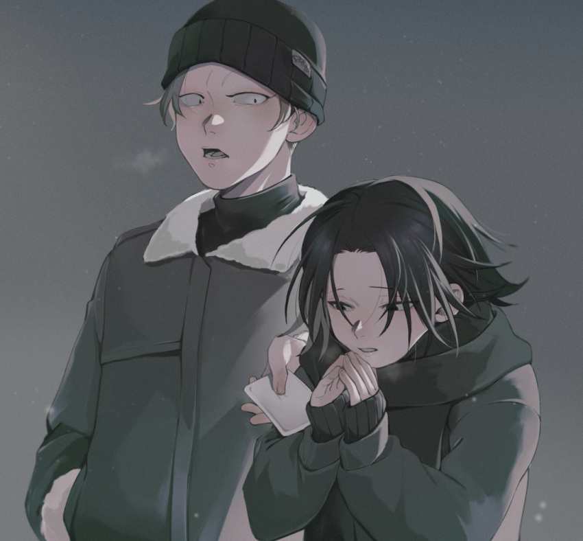 ._. 2boys alternate_costume beanie black_hair brown_hair feitan_portor hand_in_pocket hat hunter_x_hunter jacket male_focus multiple_boys no_eyebrows nora_gates outdoors phinks_magcub scarf tissue upper_body warming_hands winter_clothes