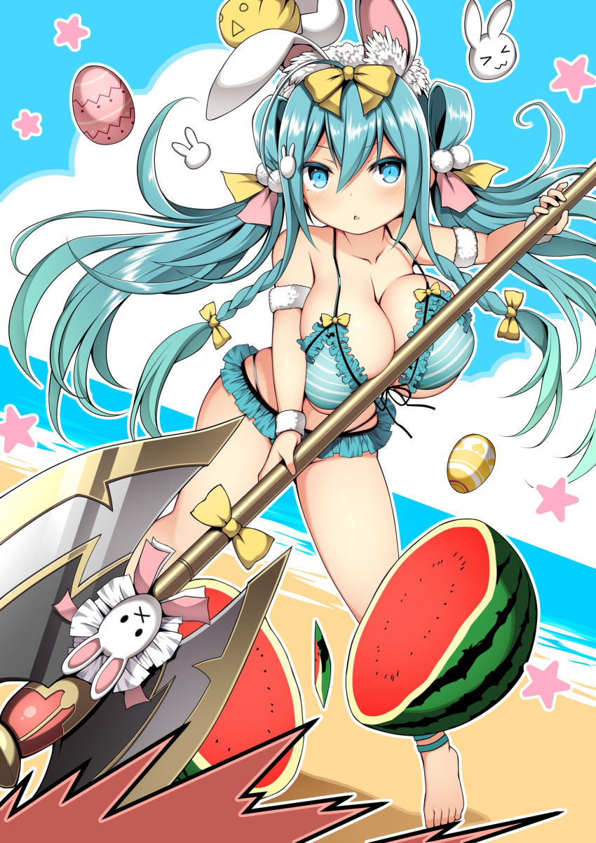 1girl animal_ears axe barefoot battle_axe beach bikini blush bow braid breasts cleavage cloud day easter_egg egg food fruit hair_between_eyes hair_bow hair_ornament highres holding holding_weapon huge_breasts kuromayu long_hair looking_at_viewer original outdoors parted_lips pom_pom_(clothes) pom_pom_hair_ornament rabbit_ears side_braids sky solo standing star_(symbol) striped striped_bikini swimsuit twintails very_long_hair watermelon weapon yellow_bow