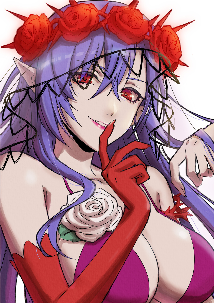 1girl absurdres azusamaru blue_hair breasts cleavage dress flower gloves highres large_breasts lipstick long_hair looking_at_viewer makeup maria_traydor pointy_ears red_eyes red_flower red_rose rose simple_background single_glove smile solo star_ocean star_ocean_anamnesis star_ocean_till_the_end_of_time thorns vampire white_background