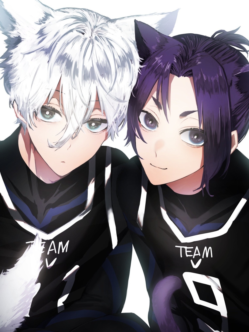 2boys 58hrprtr animal_ears black_bodysuit black_eyes black_shirt blue_lock bodysuit cat_boy cat_ears cat_tail closed_mouth highres jersey looking_at_viewer male_focus mikage_reo multiple_boys nagi_seishirou purple_eyes purple_hair shirt short_eyebrows short_hair simple_background sleeveless sleeveless_shirt smile tail upper_body v-shaped_eyebrows white_background white_hair