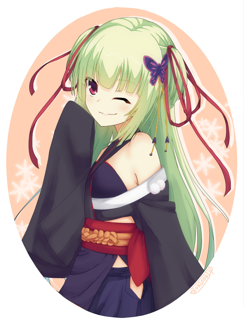 1girl arm_at_side armpit_crease bare_shoulders black_kimono black_sleeves blunt_bangs blunt_ends breasts butterfly_hair_ornament closed_mouth commentary_request cowboy_shot detached_sleeves from_side green_eyes hair_ornament hair_ribbon hand_up highres hime_cut japanese_clothes kimono light_blush long_hair looking_at_viewer murasame_(senren) one_eye_closed orange_background pom_pom_(clothes) red_eyes red_ribbon red_sash ribbon sash senren_banka sidelocks signature simple_background sleeves_past_fingers sleeves_past_wrists small_breasts smile smug snowflakes solo standing straight_hair tokisakijp two_side_up very_long_hair white_background wide_sleeves