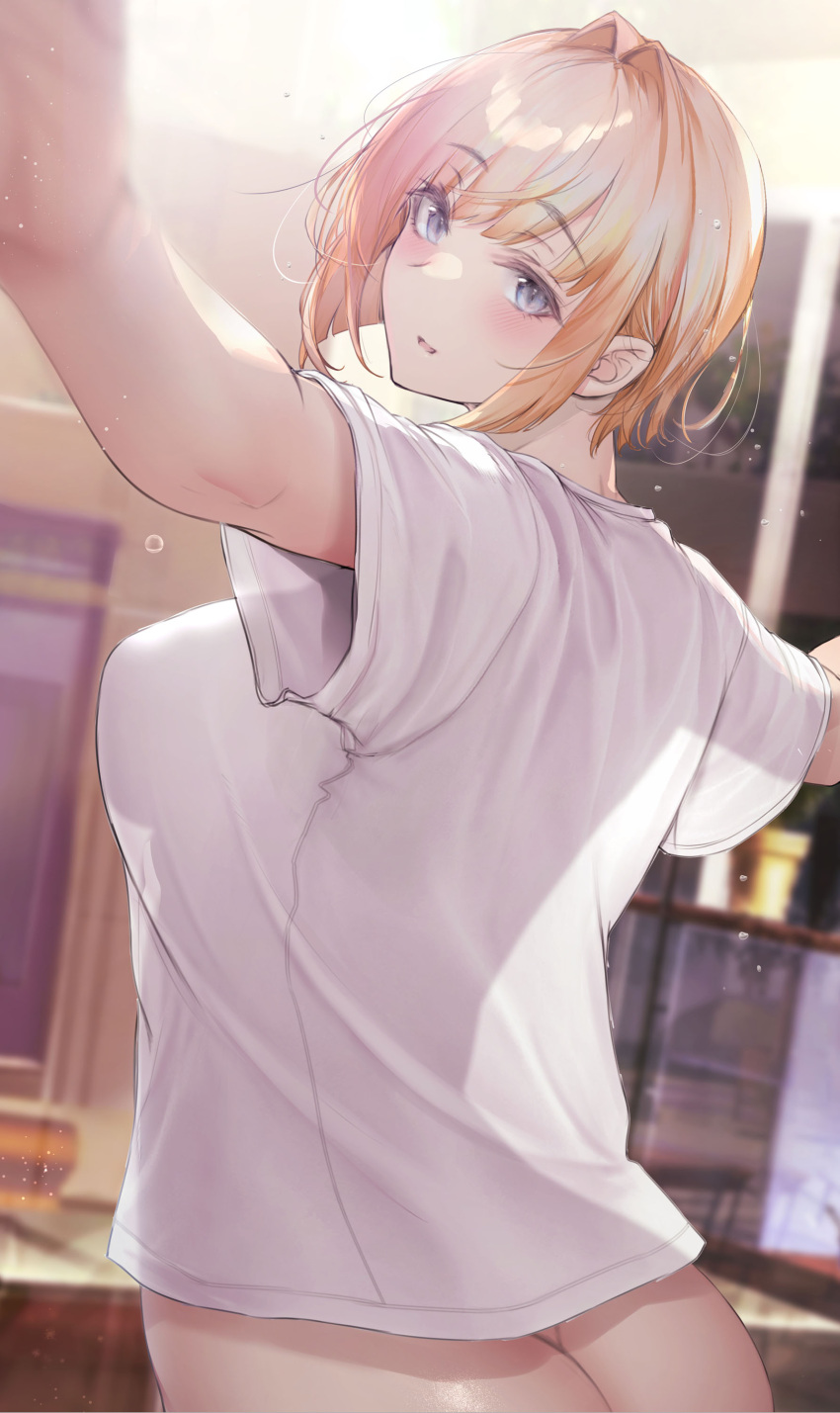 1girl absurdres ass blonde_hair blue_eyes blush breasts commentary_request from_behind gentsuki hair_intakes highres large_breasts looking_at_viewer mia-chan_(gentsuki) original parted_lips see-through_silhouette shirt short_hair short_sleeves smile solo white_shirt
