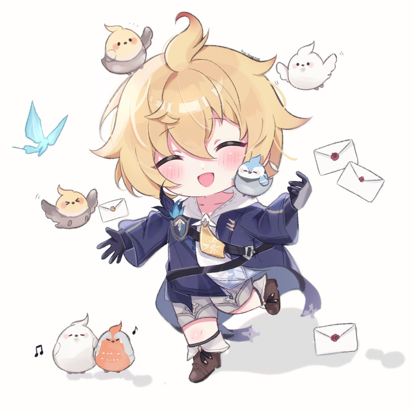 &gt;_&lt; 1boy :d ^_^ ahoge amimia_zaxtuta animal_on_head artist_name beamed_eighth_notes bird bird_on_head blonde_hair blue_gloves blue_jacket blush boots brown_footwear bug chibi closed_eyes collarbone commentary_request crystalfly_(genshin_impact) eighth_note envelope flying fold-over_boots genshin_impact gloves grey_shorts hair_between_eyes hands_up happy highres hood hood_down hoodie jacket leg_up long_sleeves male_focus mika_(genshin_impact) musical_note necktie on_head open_clothes open_jacket open_mouth short_hair shorts sidelocks simple_background smile solo standing standing_on_one_leg white_background white_hoodie yellow_necktie