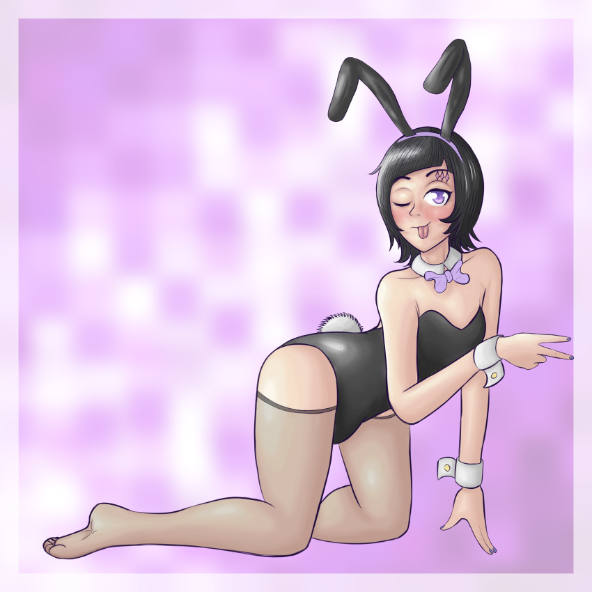 1boy 1girl ;p absurdres animal_ears bare_legs black_hair black_leotard bleach bleach:_the_thousand-year_blood_war bow bowtie detached_collar fake_animal_ears fake_tail highres leotard luppi_antenor one_eye_closed otoko_no_ko pantyhose playboy_bunny purple_eyes rabbit_ears rabbit_tail short_hair solo strapless tail tongue tongue_out wrist_cuffs