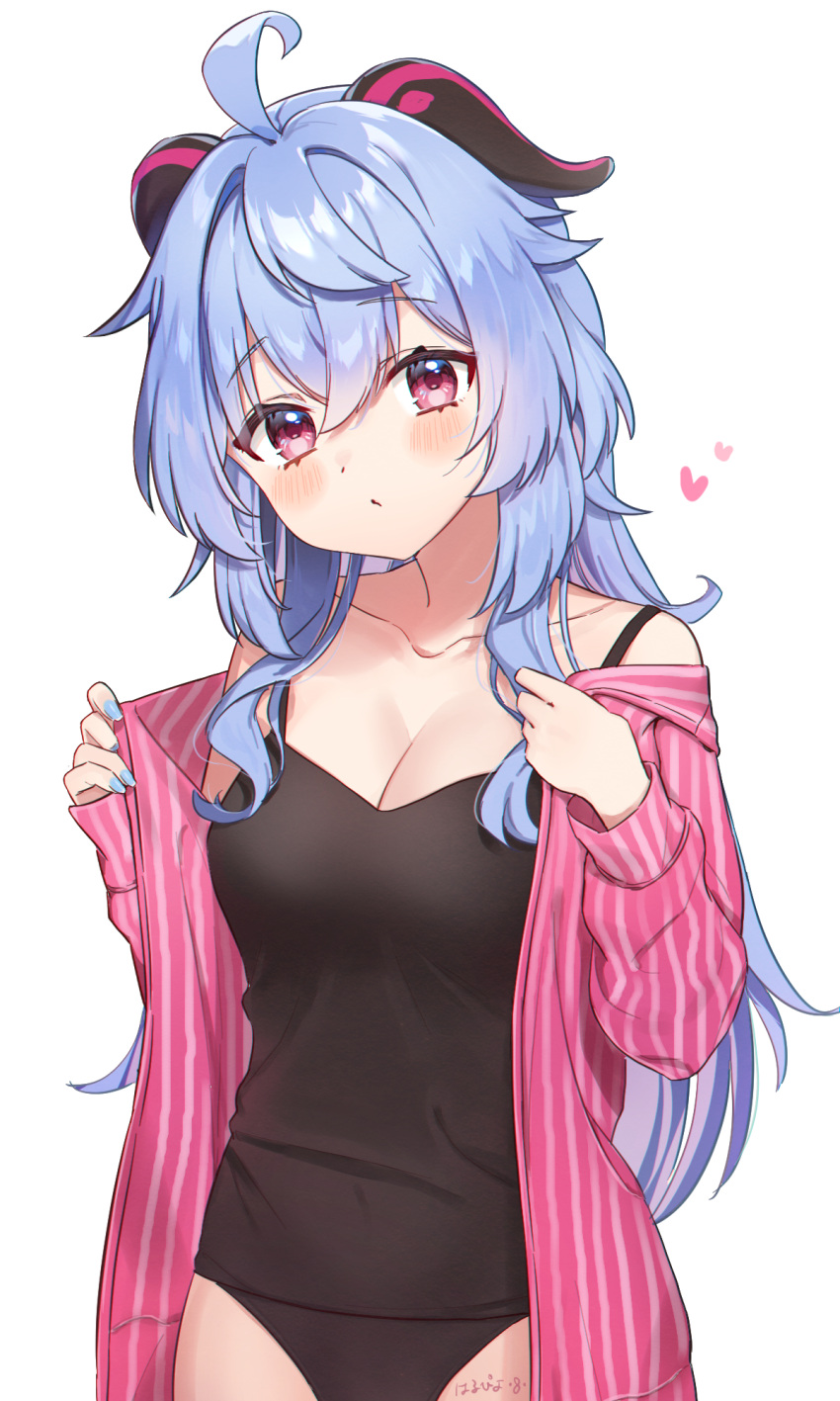 1girl ahoge artist_name bare_shoulders black_panties black_tank_top blue_hair blue_nails blush breasts cleavage collarbone commentary_request ganyu_(genshin_impact) genshin_impact harupipipi4 heart highres horns long_hair looking_at_viewer medium_breasts open_clothes open_shirt panties purple_eyes sidelocks solo spaghetti_strap tank_top underwear undressing white_background