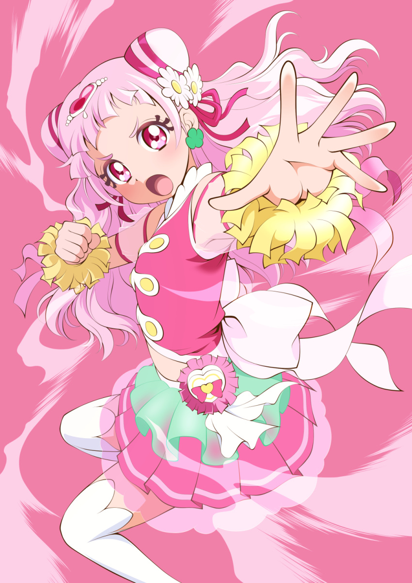 1girl :o back_bow bow clover_earrings cone_hair_bun cure_yell double_bun earrings floating_hair flower four-leaf_clover_earrings hair_bun hair_flower hair_ornament hair_ribbon heart heart_hair_ornament heart_pouch highres hugtto!_precure jewelry layered_skirt long_hair looking_at_viewer magical_girl mattsua midriff miniskirt navel nono_hana open_mouth outstretched_arm pink_background pink_eyes pink_hair pink_shirt pink_skirt pink_theme pleated_skirt pom_pom_(cheerleading) precure red_ribbon ribbon see-through shirt short_bangs simple_background skirt sleeveless sleeveless_shirt solo thick_eyelashes thighhighs waist_brooch white_thighhighs zettai_ryouiki