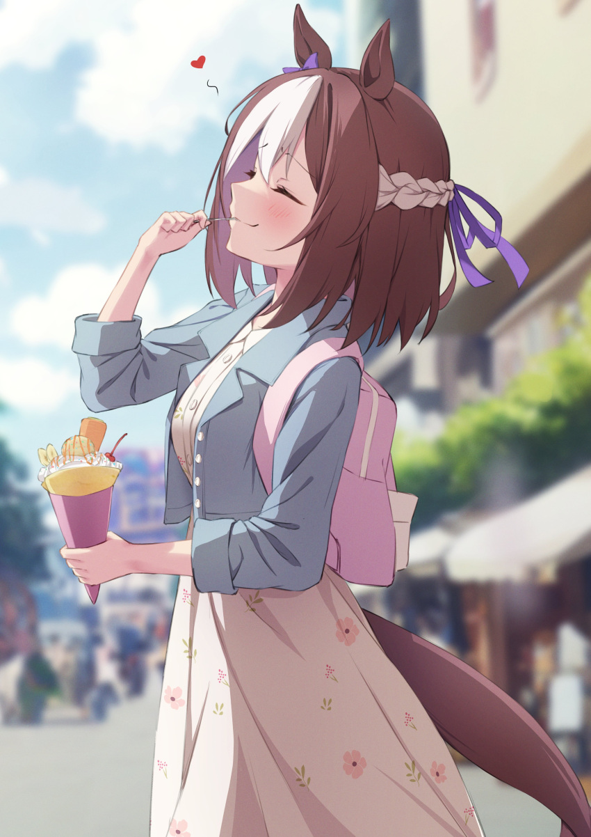 1girl absurdres backpack bag blue_jacket blurry blush bow braid brown_hair closed_eyes crepe depth_of_field dress ear_bow food from_side hair_ribbon heart highres holding holding_food holding_spoon horse_girl jacket pink_bag purple_bow purple_ribbon ribbon short_hair smile solo special_week_(umamusume) spoon taitan umamusume white_dress white_hair