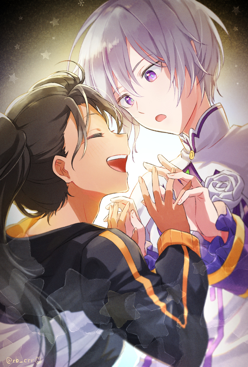 1boy 1girl ^_^ black_hair closed_eyes commentary_request emilia_(re:zero) genderswap genderswap_(ftm) genderswap_(mtf) highres jacket looking_at_another natsuki_subaru open_mouth parted_lips ponytail purple_eyes re:zero_kara_hajimeru_isekai_seikatsu short_hair smile teeth track_jacket track_suit upper_teeth_only white_hair yomo_(rb_crr)