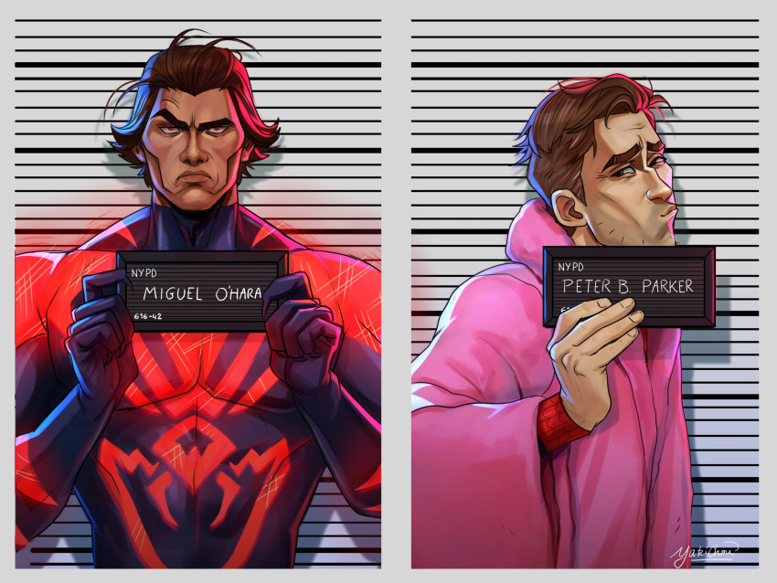 2boys absurdres barbie_mugshot_(meme) blue_bodysuit bodysuit brown_hair character_name cheekbones coat dark-skinned_male dark_skin frown glowing_bodysuit height_chart height_mark highres holding holding_sign hooded_coat large_pectorals looking_at_viewer male_focus marvel meme miguel_o'hara mugshot multiple_boys muscular muscular_male pectorals peter_b_parker pink_coat print_bodysuit puckered_lips raised_eyebrow red_bodysuit short_hair sign skin_tight sparse_stubble spider-man:_across_the_spider-verse spider-man_(2099) spider-man_(series) thick_eyebrows two-tone_bodysuit upper_body yakichou yaoi