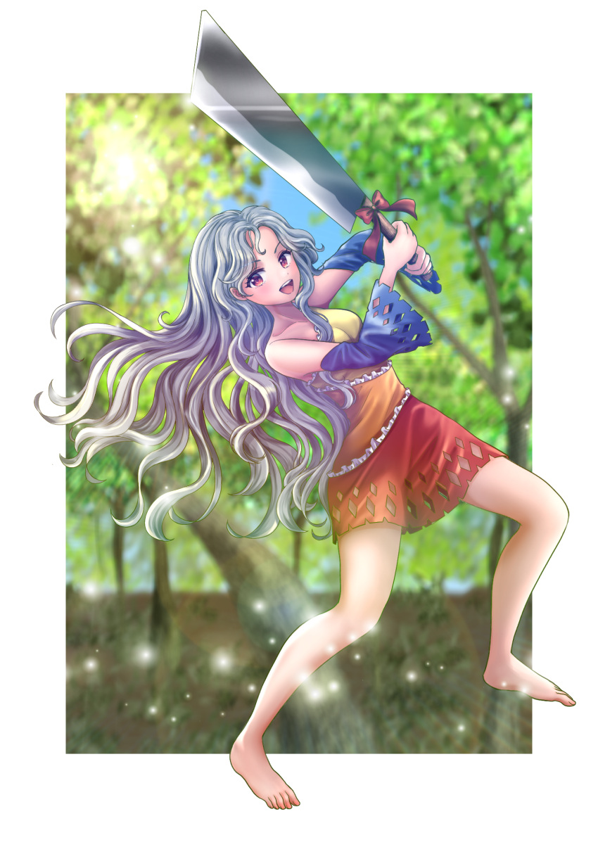 1girl :d barefoot blue_sky blue_sleeves blurry blurry_background border bow breasts cleaver dress forest full_body grey_hair highres holding holding_knife holding_weapon knife kyabekko long_hair looking_at_viewer multicolored_clothes multicolored_dress nature open_mouth orange_dress red_bow red_dress red_eyes sakata_nemuno single_strap sky smile solo standing touhou tree wavy_hair weapon white_border yellow_dress