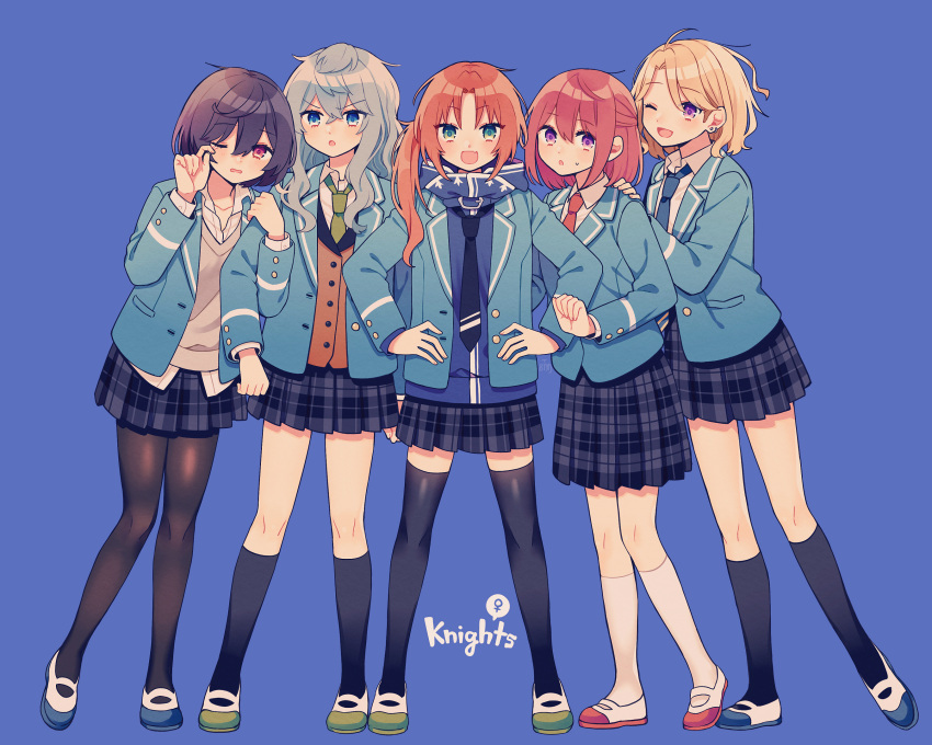 5girls black_footwear blazer blonde_hair blue_background blue_eyes blue_jacket blue_necktie blue_skirt brown_hair collared_shirt edward-el ensemble_stars! full_body genderswap genderswap_(mtf) green_eyes green_necktie grey_hair highres jacket knights_(ensemble_stars!) long_hair looking_at_viewer medium_hair multiple_girls narukami_arashi necktie one_eye_closed open_mouth orange_hair plaid plaid_skirt purple_eyes red_eyes red_hair red_necktie sakuma_ritsu school_uniform sena_izumi_(ensemble_stars!) shirt side_ponytail skirt suou_tsukasa tsukinaga_leo white_footwear white_shirt yumenosaki_school_uniform