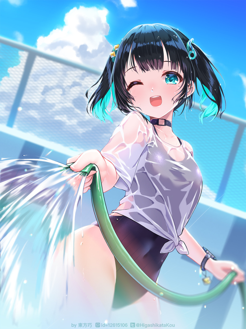 1girl ;d black_hair black_one-piece_swimsuit blue_eyes blue_sky character_request cloud copyright_request covered_navel empty_pool hair_ornament highres holding holding_hose hose looking_at_viewer musical_note musical_note_hair_ornament o-ring_collar one-piece_swimsuit one_eye_closed pool railing see-through shirt short_hair short_sleeves sky smile solo summer sunkazer swimsuit swimsuit_under_clothes t-shirt tied_shirt twintails water wet wet_clothes wet_shirt white_shirt wristband
