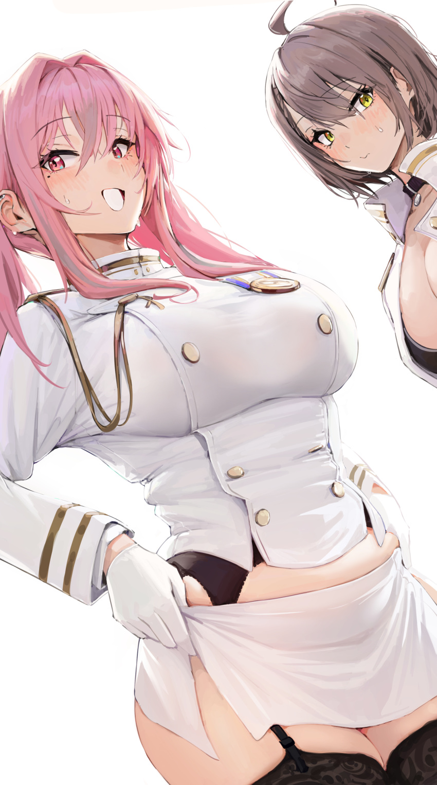 2girls absurdres ahoge azur_lane baltimore_(azur_lane) black_thighhighs breasts bremerton_(azur_lane) brown_hair chela77 closed_mouth commentary ear_piercing english_commentary garter_belt gloves hair_intakes high_collar highres large_breasts long_hair long_sleeves looking_at_viewer military military_uniform mole mole_under_eye multicolored_hair multiple_girls open_mouth piercing pink_hair simple_background skirt smile streaked_hair thick_thighs thighhighs thighs uniform white_background white_gloves white_skirt