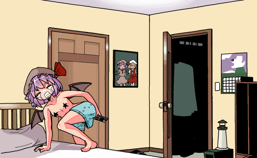 1girl bat_wings bed bedroom boxers breasts calendar_(object) clenched_teeth closed_eyes commentary controller covered_nipples crying door flandre_scarlet grey_headwear hat highres holding holding_remote_control indoors kasuya_baian male_underwear meme mob_cap object_insertion on_bed open_door photo-referenced pillow portrait_(object) purple_hair remilia_scarlet remote_control short_hair small_breasts standing standing_on_one_leg streaming_tears tears teeth topless touhou underwear v-shaped_eyebrows wings world_of_warcraft_freakout_(meme)