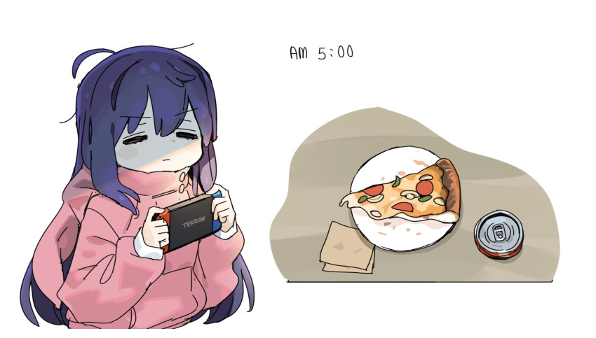 1girl ahoge animal_hood breakfast can closed_eyes closed_mouth commentary dot_nose food hair_between_eyes handheld_game_console holding holding_handheld_game_console hood hoodie idolmaster idolmaster_million_live! long_hair long_sleeves messy_hair mochizuki_anna morning pink_hoodie pizza pizza_slice plate purple_hair rabbit_hood sidelocks soda_can solo spawnfoxy table upper_body v-shaped_eyebrows white_background