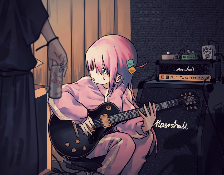 2girls absurdres blue_eyes bocchi_the_rock! can chair gibson gotou_hitori guitar gym_uniform hair_ornament hairclip highres instrument jacket long_hair multiple_girls pants pink_jacket sitting speaker sweat wristband zongchi