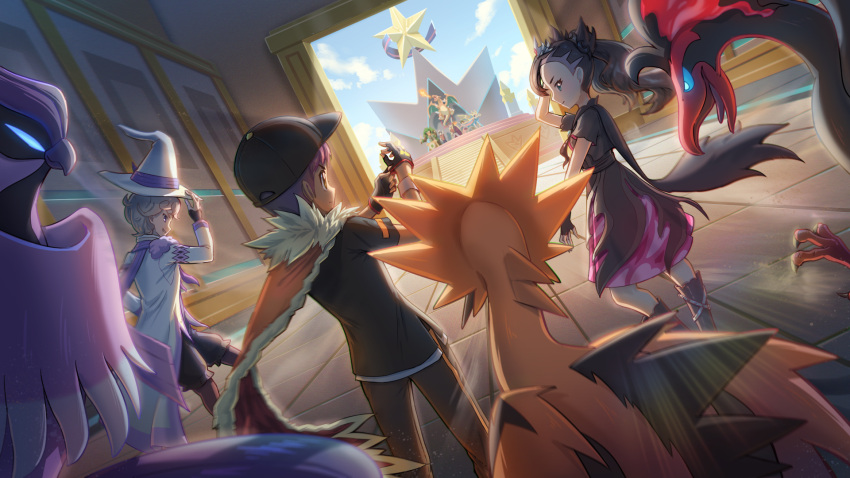 2girls 4boys adjusting_clothes adjusting_gloves bede_(champion)_(pokemon) bede_(pokemon) black_hair black_headwear blonde_hair cape charizard cloud coat commentary_request curly_hair day dress fingerless_gloves galarian_articuno galarian_moltres galarian_zapdos gloria_(pokemon) gloves hand_up hat highres ho-oh_(artist) hop_(champion)_(pokemon) hop_(pokemon) leon_(pokemon) long_hair marnie_(champion)_(pokemon) marnie_(pokemon) multiple_boys multiple_girls pants pokemon pokemon_(creature) pokemon_(game) pokemon_masters_ex pokemon_swsh rillaboom shirt sky stairs standing tile_floor tiles victor_(pokemon) zacian zacian_(crowned)