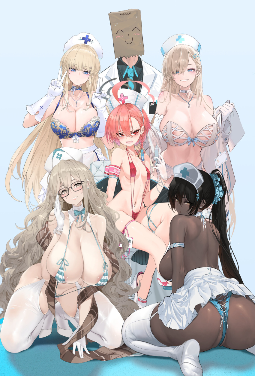 1boy 5girls absurdres ahoge akane_(blue_archive) alternate_costume areola_slip asuna_(blue_archive) asymmetrical_bangs back bag bag_on_head bare_shoulders bikini black_hair black_shirt blonde_hair blue_archive blue_background blue_bra blue_eyes blue_necktie blush bra braid breasts brown_eyes choker cleaning_&amp;_clearing_(blue_archive) cleavage collarbone commentary dark-skinned_female dark_skin dishwasher1910 double_v french_braid glasses gloves grin hair_between_eyes hair_over_one_eye halo hat highres huge_ahoge jewelry karin_(blue_archive) large_breasts light_brown_hair long_hair looking_at_viewer looking_back mole mole_under_eye multiple_girls navel necklace necktie neru_(blue_archive) nurse_cap one-piece_swimsuit open_mouth orange_hair paper_bag ponytail red_eyes red_one-piece_swimsuit sensei_(blue_archive) shawl shirt short_hair side_braid sideboob skirt slingshot_swimsuit small_breasts smile soles striped striped_bikini swimsuit syringe toki_(blue_archive) underwear v very_long_hair white_bra white_gloves white_skirt yellow_eyes