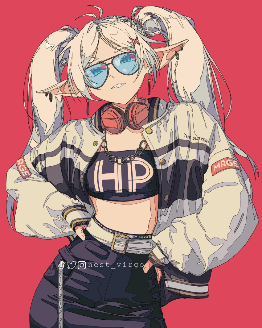 1girl alternate_costume belt contemporary earrings frieren glasses hands_on_own_hips headphones highres jacket jewelry ligne_claire nest_virgo pointy_ears red_background smile solo sousou_no_frieren teeth twintails upper_body white_belt white_hair white_jacket