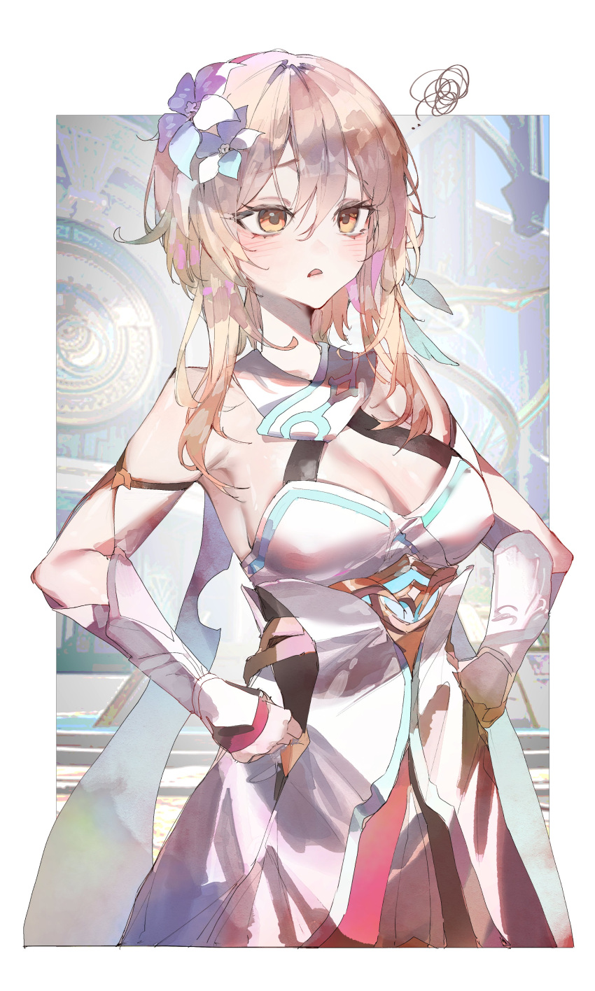 1girl absurdres blonde_hair breasts cocoballking commentary_request dress flower genshin_impact hair_flower hair_ornament hands_on_own_hips highres large_breasts lumine_(genshin_impact) scarf short_hair_with_long_locks sidelocks solo squiggle white_dress white_flower white_scarf yellow_eyes
