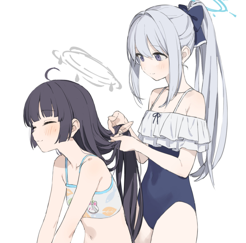 2girls adjusting_another's_hair ahoge bare_legs bare_shoulders bikini black_hair blue_archive blue_one-piece_swimsuit blush closed_eyes closed_mouth frilled_one-piece_swimsuit frills grey_hair highres leaf_print long_hair miyako_(blue_archive) miyako_(swimsuit)_(blue_archive) miyu_(blue_archive) miyu_(swimsuit)_(blue_archive) multiple_girls nanmo_(nanmokamo) navel official_alternate_costume one-piece_swimsuit ponytail print_bikini purple_eyes smile swimsuit white_bikini