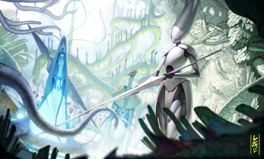 2020 absurd_res ambiguous_gender antennae_(anatomy) anthro armor arthropod arthropod_abdomen ashenhare audience blue_body blue_exoskeleton blue_eyes blurred_foreground breastplate capelet detailed_background dryya_(hollow_knight) dutch_angle empty_eyes exoskeleton female front_view grey_eyes grey_mourner group hands_together hi_res holding_lance hollow_knight horn insect knight lance_(weapon) large_group leaf leaf_clothing long_antennae long_neck mantis melee_weapon mostly_offscreen_character noble outside plackart plant polearm pseudo_hair purple_body purple_exoskeleton purple_eyes royal_retainer_(hollow_knight) small_waist spaulder standing steps team_cherry the_traitor's_child thick_thighs vines warrior weapon weapon_on_back white_lady_(hollow_knight) white_sky wind