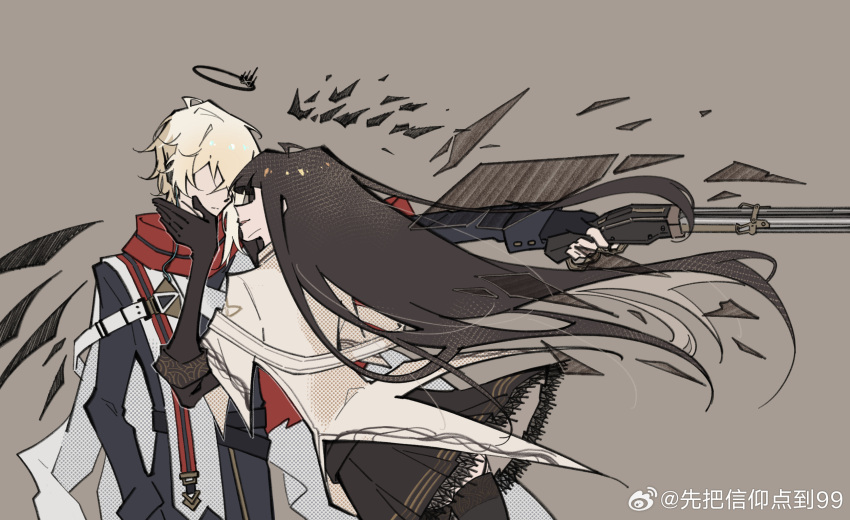 1boy 1girl ahoge arched_back arknights artist_name belt belt_buckle black_belt black_coat black_garter_straps black_gloves black_halo black_sleeves black_wings blonde_hair blunt_bangs broken_halo brown_gloves brown_hair brown_skirt brown_wings buckle buttons chinese_commentary chinese_text cloak closed_mouth coat collared_jacket commentary_request cousins cowboy_shot crosshatching dark_halo detached_wings earpiece energy_wings executor_(arknights) executor_the_ex_foedere_(arknights) expressionless faceless faceless_female faceless_male facing_ahead facing_another film_grain finger_on_trigger fingerless_gloves floating_hair from_side garter_straps gloves grey_thighhighs gun hair_between_eyes halftone halo hand_on_another's_cheek hand_on_another's_face hand_up hatching_(texture) highres hime_cut holding holding_weapon jacket layered_sleeves leaning leaning_forward leaning_on_person lever_action light_brown_background linear_hatching long_hair long_sleeves mechanical_halo mechanical_wings messy_hair miniskirt multicolored_cloak official_alternate_costume outline outstretched_arm parted_lips pleated_skirt profile red_cloak short_hair short_over_long_sleeves short_sleeved_jacket short_sleeves shotgun sidelocks simple_background skirt sleeve_cuffs smile standing striped thighhighs two-tone_cloak variant_set vertical_stripes very_long_hair virtuosa_(arknights) watermark weapon weibo_5871963998 weibo_logo weibo_username white_belt white_cloak white_jacket white_outline wide_sleeves wings wire zettai_ryouiki