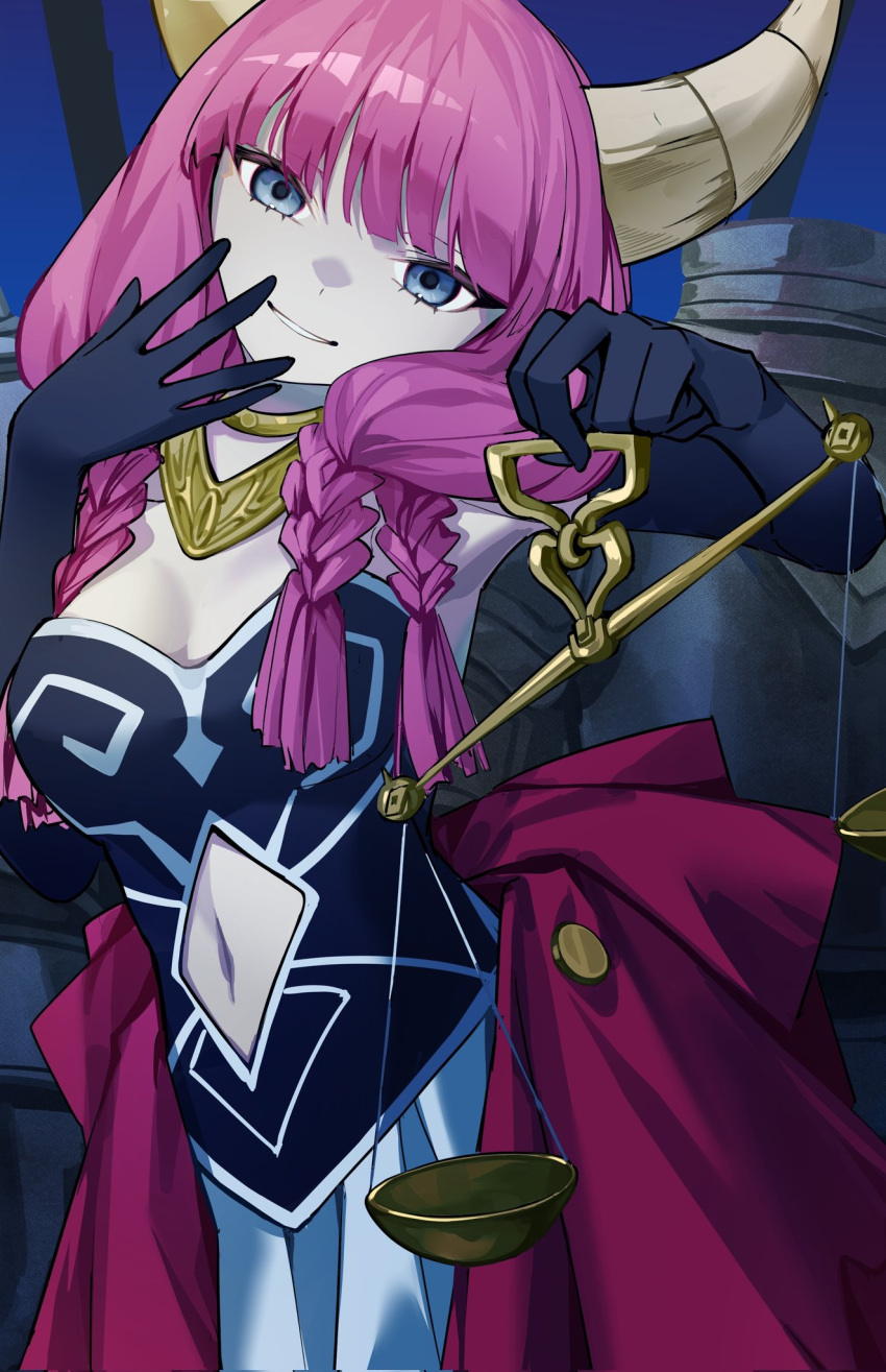 1girl aura_(sousou_no_frieren) balance_scale black_corset black_gloves blue_background blue_eyes braid breasts cleavage clothing_cutout corset cowboy_shot demon_girl demon_horns elbow_gloves finger_to_face gloves gold_necklace hand_up highres holding_scale horns jewelry long_hair looking_at_viewer medium_breasts myuga66666 navel navel_cutout necklace parted_lips pleated_skirt purple_hair simple_background skirt smile solo sousou_no_frieren standing weighing_scale white_skirt