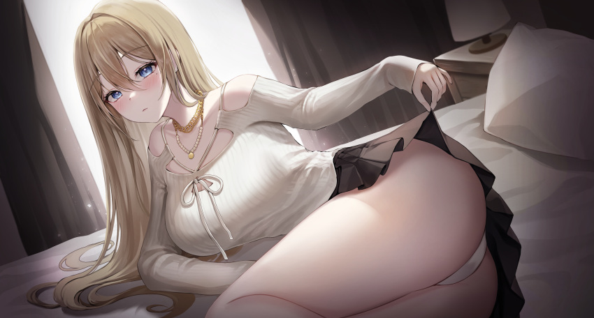 1girl absurdres ass bead_necklace beads bed black_skirt blonde_hair blue_eyes breasts clothes_lift commission expressionless highres jewelry kuca_(ku_ca18) large_breasts lifted_by_self long_hair long_sleeves looking_at_viewer lying miniskirt mole mole_under_eye necklace on_bed on_side original panties pillow pleated_skirt ribbed_sweater skirt skirt_lift solo sweater thighs underwear white_panties white_sweater