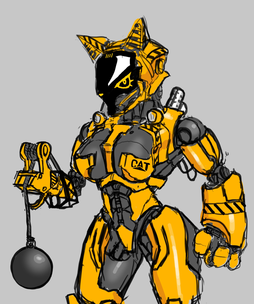 abs absurd_res alternate_version_at_source anthro biped breasts construction construction_equipment construction_vehicle crane_(machine) equipment exhaust exhaust_pipe felid feline female fist grey_body hi_res im51nn5 industrial looking_at_viewer machine mammal nude robot simple_background solo standing thick_thighs vehicle wrecking_ball yellow_body yellow_eyes