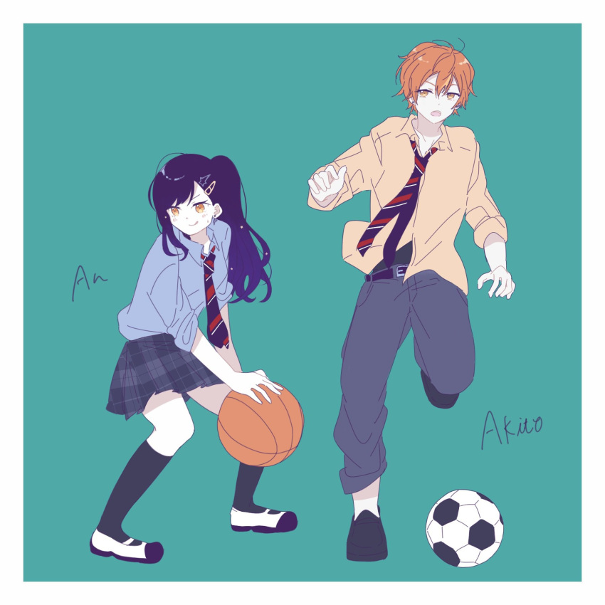 1boy 1girl :o :q ball bangs_pinned_back basketball belt black_footwear black_hair black_skirt black_socks blue_background blue_hair blue_shirt blush border character_name closed_mouth collared_shirt dot_nose earrings gradient_hair grey_pants hair_ornament hairclip highres jewelry kamiyama_high_school_uniform_(project_sekai) kneehighs loafers long_hair multicolored_hair necktie open_mouth orange_eyes orange_hair pants plaid plaid_skirt playing_sports pleated_skirt ponytail project_sekai school_uniform shinonome_akito shiraishi_an shirt shirt_tucked_in shoes short_hair sidelocks simple_background skirt smile soccer_ball socks striped_necktie stud_earrings swept_bangs tongue tongue_out uwabaki watameki_(pixiv_33969409) white_border white_footwear yellow_shirt