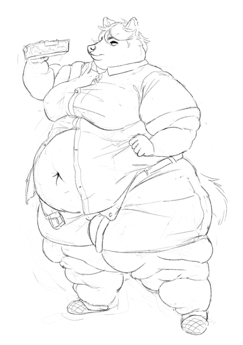 2022 anthro belly belt big_belly bottomwear canid canine cettus clothed clothing dress_shirt fat_rolls female hair hi_res holding_object mammal navel obese obese_anthro obese_female open_bottomwear open_clothing open_pants overweight overweight_anthro overweight_female pants raccoon_dog shirt shorts sketch slippers solo standing tanuki topwear