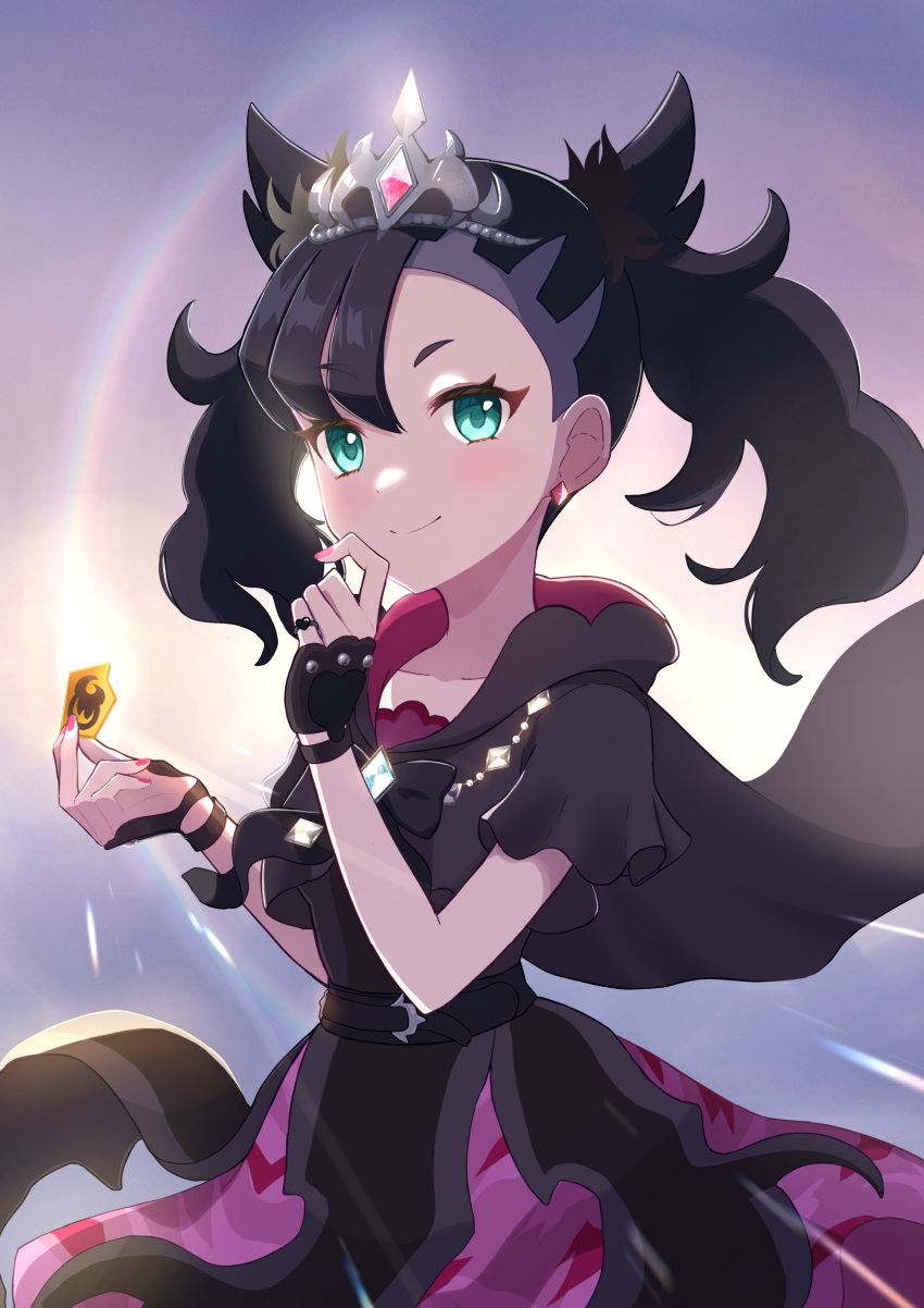 1girl absurdres aqua_eyes asymmetrical_bangs belt black_belt black_dress black_hair cape dress earrings fingerless_gloves gloves haru_(haruxxe) highres jewelry looking_at_viewer marnie_(champion)_(pokemon) marnie_(pokemon) medium_hair pokemon pokemon_(game) pokemon_masters_ex pokemon_swsh short_sleeves smile solo tiara twintails