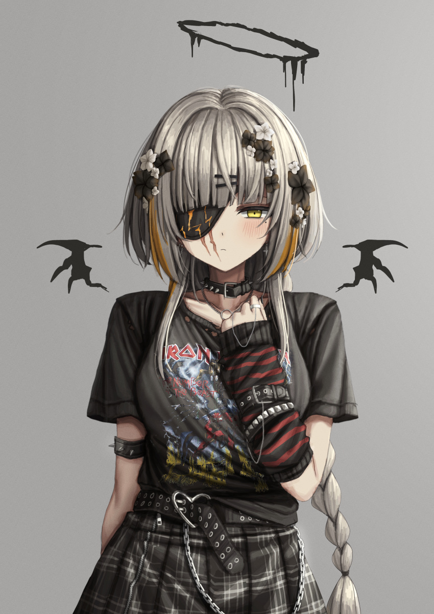 1girl absurdres alternate_costume armlet belt black_belt black_collar black_shirt braid chain collar detached_wings eyepatch flower girls'_frontline gothic_lolita grey_hair grey_skirt hair_flower hair_ornament halo hand_up highres iron_maiden_(band) lobsteranian lolita_fashion long_hair looking_at_viewer m16a1_(boss)_(girls'_frontline) m16a1_(girls'_frontline) plaid plaid_skirt scar scar_on_face shirt short_sleeves skirt solo spiked_armlet spiked_collar spikes studded_bracelet wings yellow_eyes