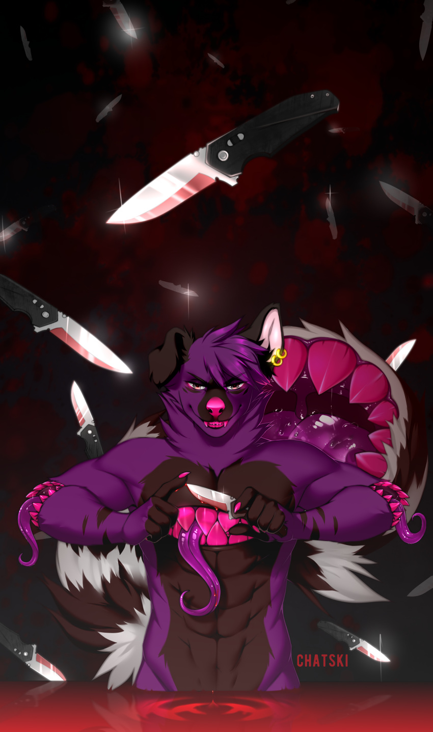 abs abstract_background absurd_res anthro black_body black_fur blood bodily_fluids canid canine canis chatski chest_mouth domestic_dog fangs fur hi_res hybrid knife male mammal markings monster muscular muscular_male open_mouth piercing pink_teeth portrait purple_body purple_fur redraw solo striped_markings striped_tail stripes tail tail_markings tail_mouth teeth tokyo_ghoul unusual_anatomy unusual_tail