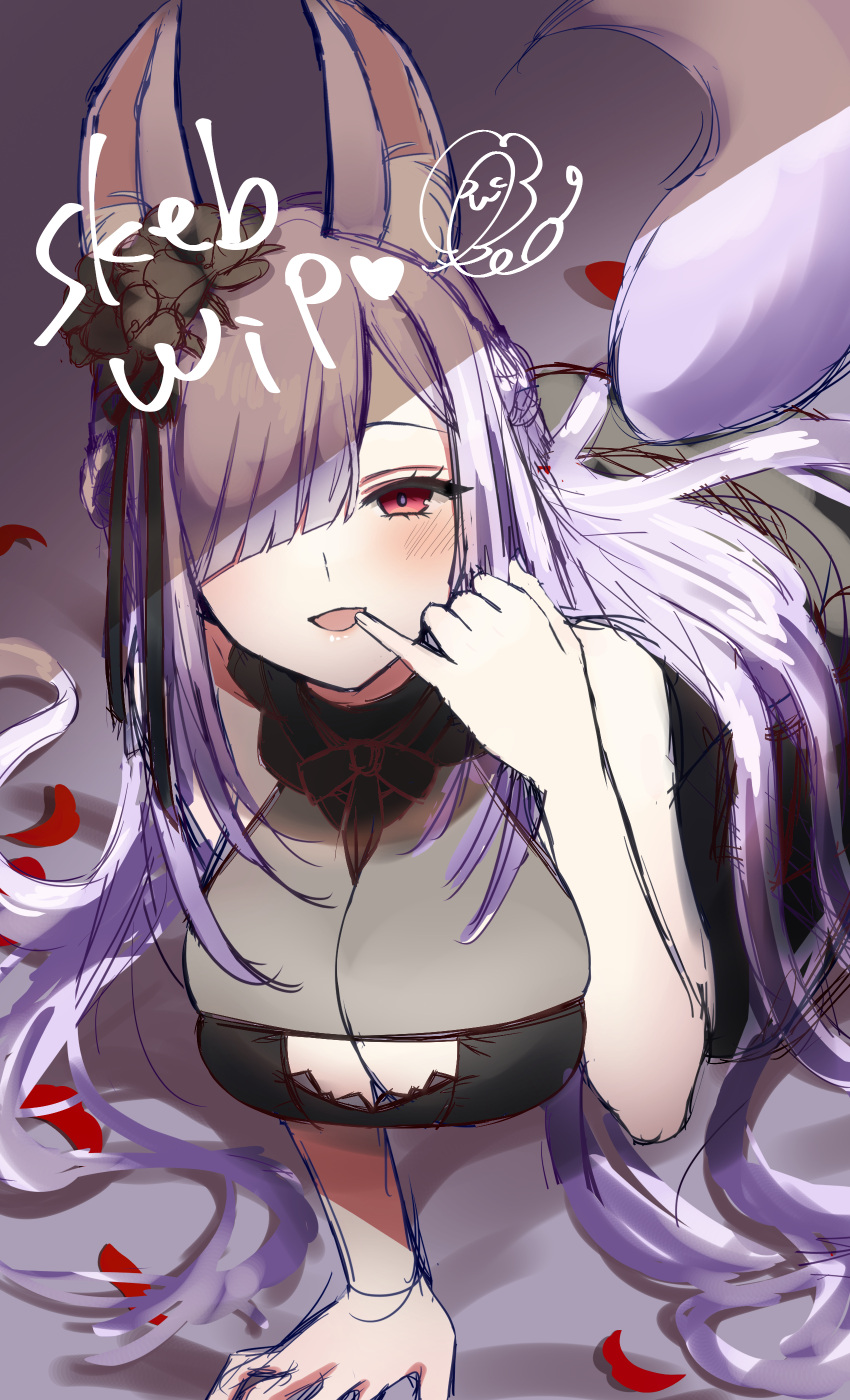 1girl absurdres all_fours animal_ear_fluff animal_ears bare_shoulders black_dress black_flower blush breasts dress flower fox_ears fox_girl fox_tail hair_flower hair_ornament hair_over_one_eye half-closed_eyes hand_to_own_mouth highres indie_virtual_youtuber kamishiro_natsume kitsune large_breasts leaning_forward leonis_g long_hair looking_at_viewer open_mouth petals purple_hair red_eyes smile solo strapless strapless_dress tail unfinished virtual_youtuber