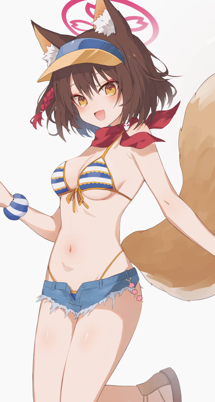 1girl absurdres animal_ear_fluff animal_ears bare_shoulders bikini blue_archive blue_bikini blue_shorts breasts brown_hair commentary denim denim_shorts eyeshadow fox_ears fox_girl fox_tail halo highleg highleg_bikini highres izuna_(blue_archive) izuna_(swimsuit)_(blue_archive) kushira137 looking_at_viewer makeup medium_breasts micro_shorts multicolored_clothes multicolored_headwear navel open_fly open_mouth pink_halo red_eyeshadow red_scarf rope scarf scrunchie shimenawa short_hair short_shorts shorts simple_background smile solo stomach striped striped_bikini striped_scrunchie swimsuit tail thighs visor_cap white_background wrist_scrunchie yellow_eyes yellow_headwear