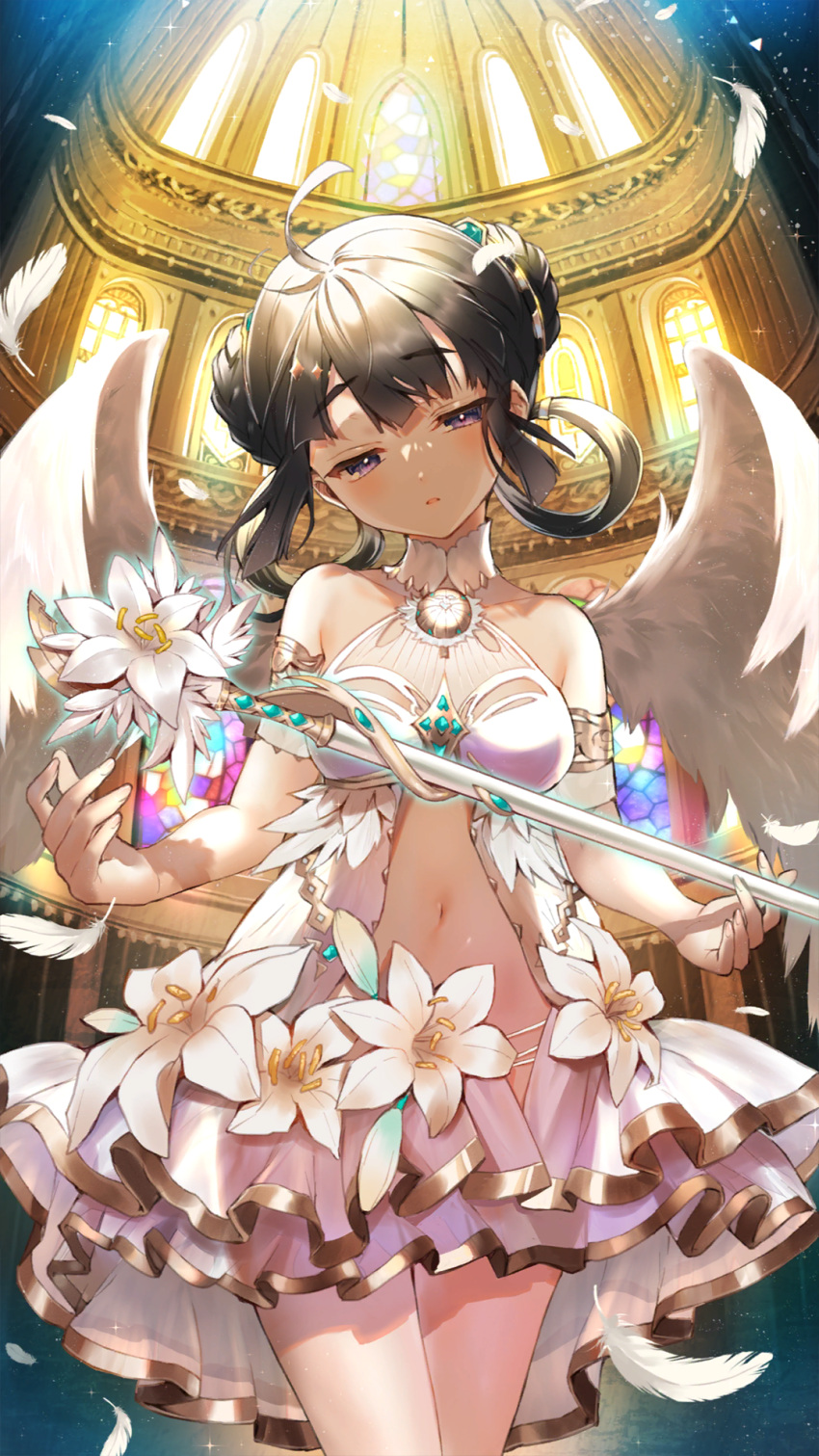 1girl :o ahoge arched_window armlet bare_shoulders black_hair braid braided_bun church clothing_cutout cowboy_shot double_bun dress dress_flower falling_feathers feathered_wings flower frown girl_cafe_gun hair_bun hair_rings half-closed_eyes hand_up head_tilt highres holding holding_staff indoors kikuri_yuki light_particles lily_(flower) navel navel_cutout official_art purple_eyes short_dress short_hair sleeveless sleeveless_dress solo staff stained_glass white_dress white_flower white_wings wings