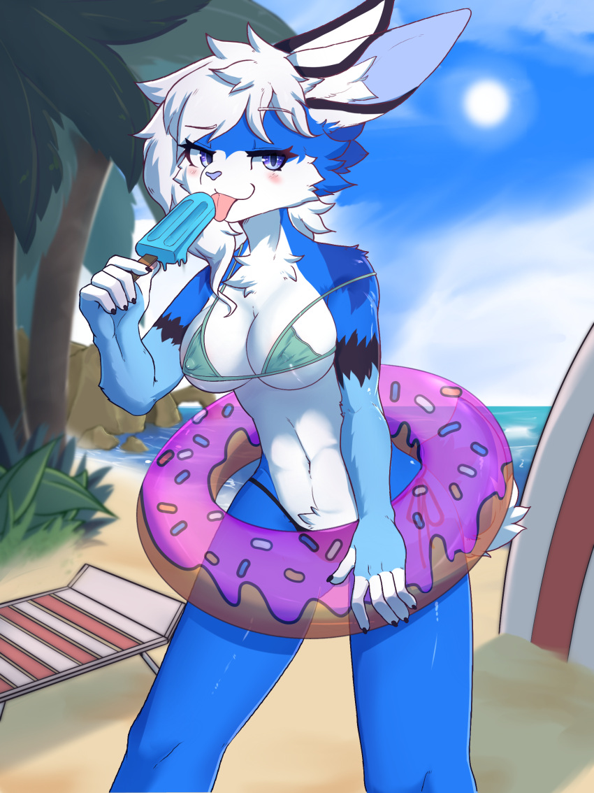 absurd_res anthro beach big_breasts bikini blue_eyes blue_nose blue_sky blush breasts chair cheek_tuft chest_tuft clothed clothing cloud day detailed_background facial_tuft female food front_view furniture hair half-closed_eyes hi_res holding_food holding_object holding_popsicle lagomorph leporid looking_at_viewer lounge_chair mammal micro_bikini narrowed_eyes nipple_outline off_shoulder outside palm_tree plant pool_toy popsicle popsicle_melting portrait rabbit ricky945 sand sasha_(furryfoofi) sea seaside skimpy sky solo standing sun surfboard swim_ring swimwear three-quarter_portrait tree tuft water white_hair