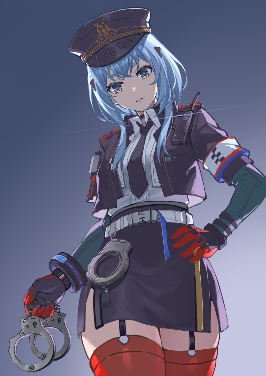 1girl absurdres alisa_(punishing:_gray_raven) belt black_headwear black_jacket black_necktie black_skirt blue_hair collared_shirt crossed_bangs cuffs echo_(punishing:_gray_raven) from_below hair_ornament hairclip handcuffs hat highres holding holding_handcuffs jacket looking_at_viewer mechanical_arms necktie parted_lips peaked_cap police punishing:_gray_raven purple_eyes red_thighhighs shirt short_hair_with_long_locks short_sleeves sidelocks skirt solo thighhighs watchmen-001 white_shirt