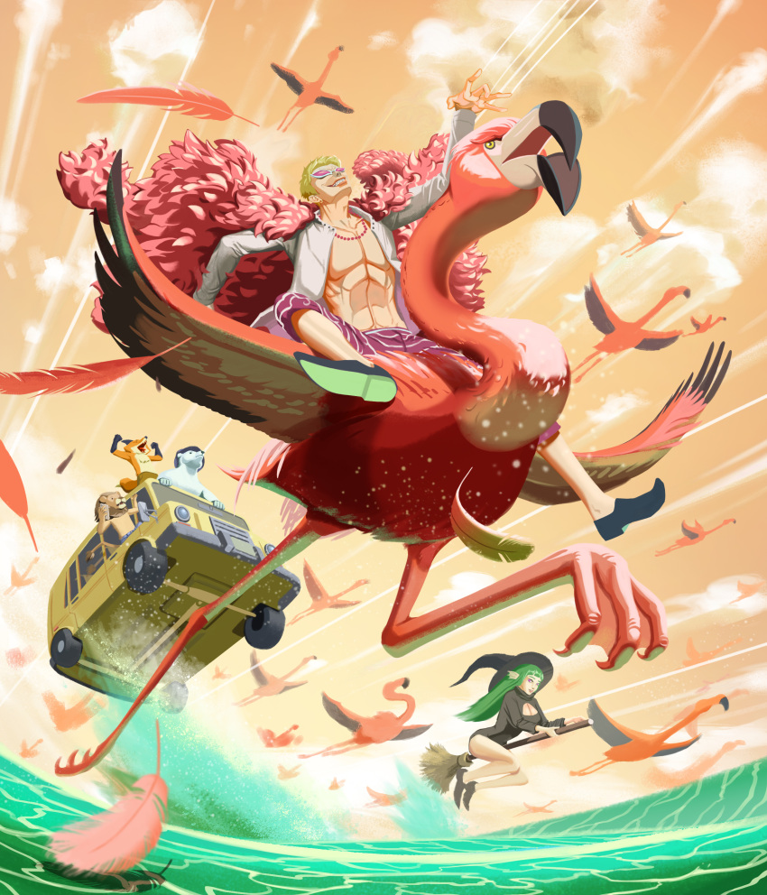 1girl 4boys absurdres animal arm_up bare_legs bear bird black_leotard blonde_hair broom broom_riding capri_pants car cleavage_cutout clothing_cutout coat donquixote_doflamingo feather_coat feathers flamingo fox furry green_hair hat highres leotard lion long_hair motor_vehicle multiple_boys ocean one_piece open_clothes original oversized_animal pants pink_coat riding riding_animal running shirt short_hair sitting sleepylion smile thread white_shirt witch witch_hat