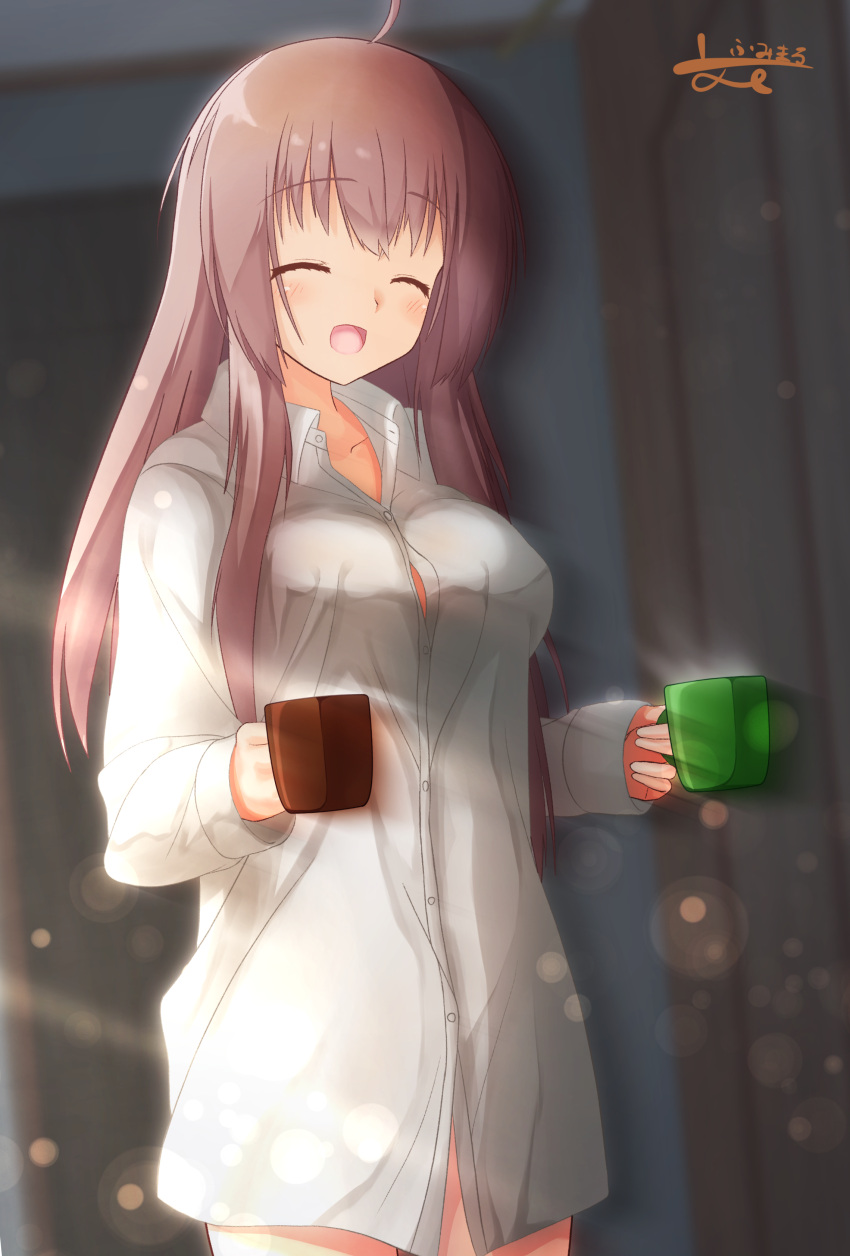 1girl :d ^_^ absurdres ahoge blurry blurry_background blush breasts brown_hair closed_eyes commentary cowboy_shot cup dress_shirt eyelashes fumimaru hair_between_eyes hair_down hands_up happy highres holding holding_cup indoors large_breasts lens_flare long_hair mug open_mouth sanoba_witch shiiba_tsumugi shirt sidelighting sidelocks signature sleeves_past_wrists smile solo standing waking_up white_shirt