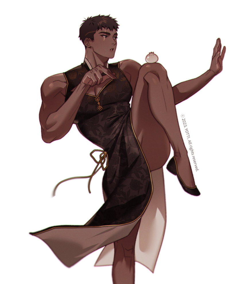 1boy ass_peek balancing bara brown_hair china_dress chinese_clothes cleavage_cutout clothing_cutout dark-skinned_male dark_skin dress fighting_stance food_on_body food_on_legs food_request foot_out_of_frame from_side highres large_pectorals leg_up looking_ahead male_focus muscular muscular_male original pectoral_cleavage pectorals pelvic_curtain scar scar_across_eye short_hair solo standing standing_on_one_leg thick_eyebrows undercut very_dark_skin yotti