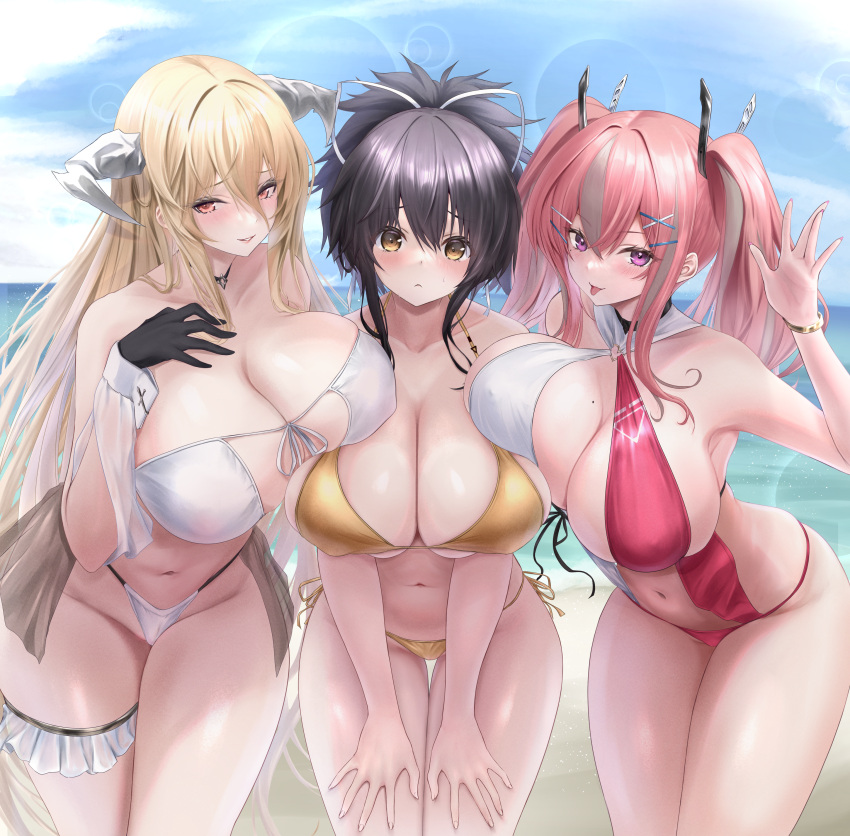 3girls absurdres asuka_(senran_kagura) azur_lane bare_shoulders beach bikini black_gloves black_hair blonde_hair blue_sky blush breast_press breasts bremerton_(azur_lane) brown_eyes cleavage collarbone eyepatch_bikini gloves gold_bikini grey_hair hair_between_eyes highres horns huge_breasts implacable_(azur_lane) long_hair looking_at_viewer medium_hair multicolored_hair multiple_girls navel noa_(skae3323) ocean one-piece_swimsuit orange_eyes outdoors pink_eyes pink_hair pink_one-piece_swimsuit ponytail sand senran_kagura shore sidelocks sky slingshot_swimsuit smile streaked_hair swimsuit thighs tongue tongue_out twintails two-tone_swimsuit water white_bikini white_one-piece_swimsuit