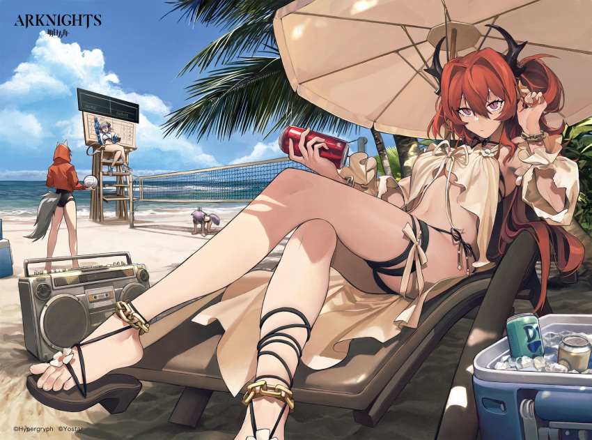 4girls animal_ears anklet arknights beach_chair beach_umbrella beach_volleyball blue_sky boombox breasts can chain commentary cooler copyright_name cow_girl cow_horns cow_tail crossed_legs day demon_girl demon_horns english_commentary fox_ears fox_girl fox_tail hair_between_eyes highres holding holding_can horns ice ice_cube jewelry knifedragon medium_breasts multiple_girls official_alternate_costume outdoors palm_tree projekt_red_(arknights) projekt_red_(light_breeze)_(arknights) purple_eyes scoreboard shirt sideroca_(arknights) sideroca_(light_breeze)_(arknights) sitting sky solo_focus surtr_(arknights) surtr_(colorful_wonderland)_(arknights) sussurro_(arknights) sussurro_(summer_flower)_(arknights) tail toes tree umbrella underboob volleyball_net white_shirt wolf_ears wolf_girl wolf_tail