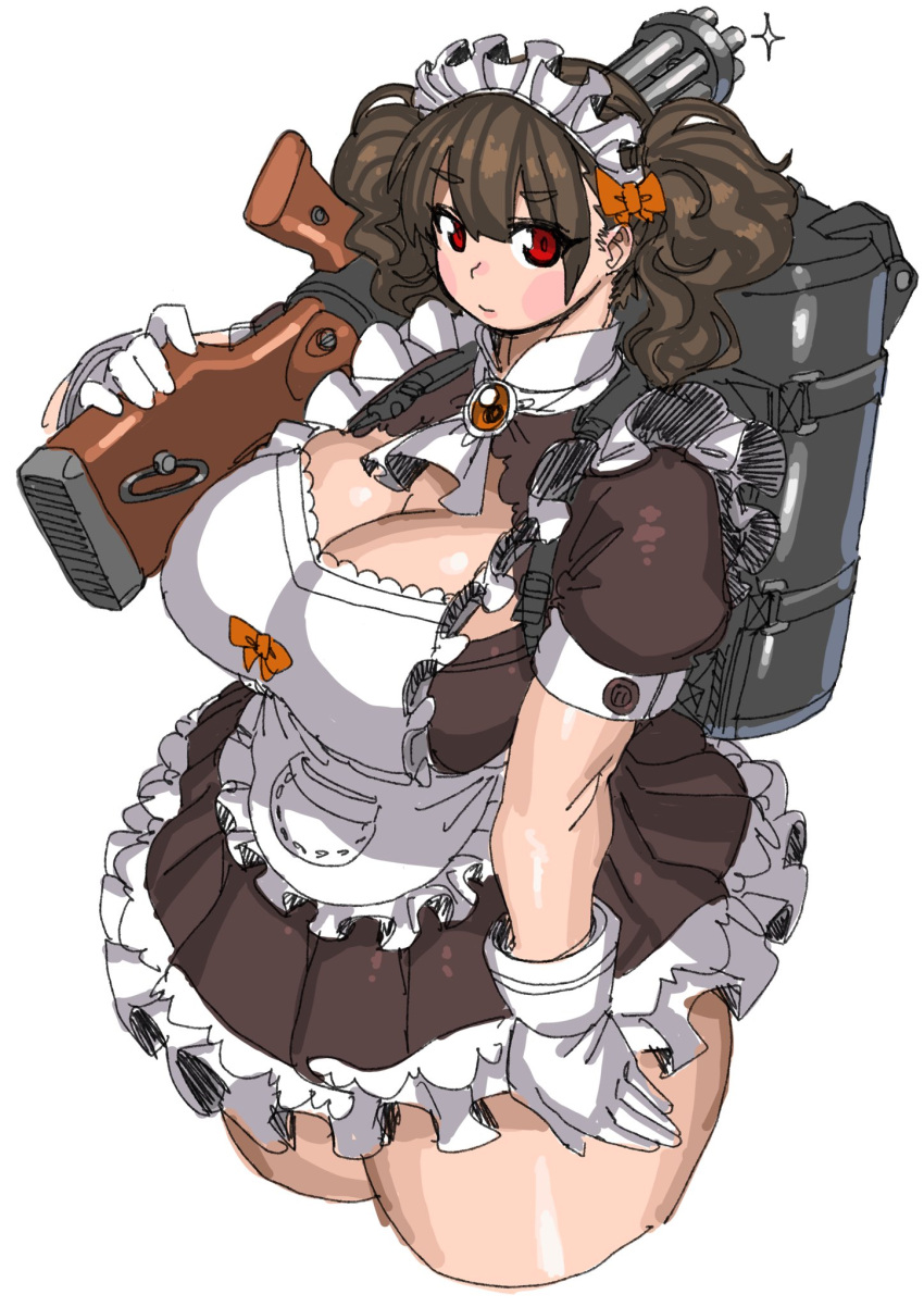 1girl apron ascot blush bow breasts brown_dress cleavage cleavage_cutout clothing_cutout cropped_legs dress gatling_gun gloves gun hair_behind_ear hair_bow highres holding holding_gun holding_weapon large_breasts looking_at_viewer maid maid_apron orange_bow original over_shoulder red_eyes solo sparkle thick_thighs thighs twintails utoka weapon weapon_over_shoulder white_apron white_ascot white_background white_gloves