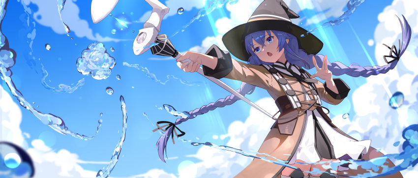 1girl a_yu_(2932120331) absurdres black_ribbon blue_eyes blue_hair blue_sky braid brown_cape cape crossed_bangs dress hair_ribbon hat highres holding holding_staff incredibly_absurdres long_braid long_hair mage_staff mushoku_tensei open_mouth ribbon roxy_migurdia sky solo staff twin_braids water_drop white_dress witch_hat