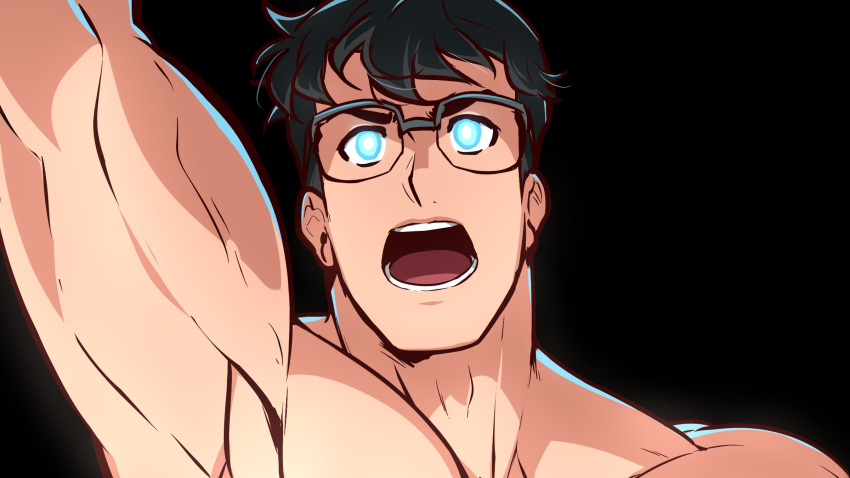 1boy black_background black_hair blue_eyes clark_kent dc_comics glasses highres kuroshinki male_focus muscular muscular_male my_adventures_with_superman open_mouth short_hair simple_background solo superman superman_(series)