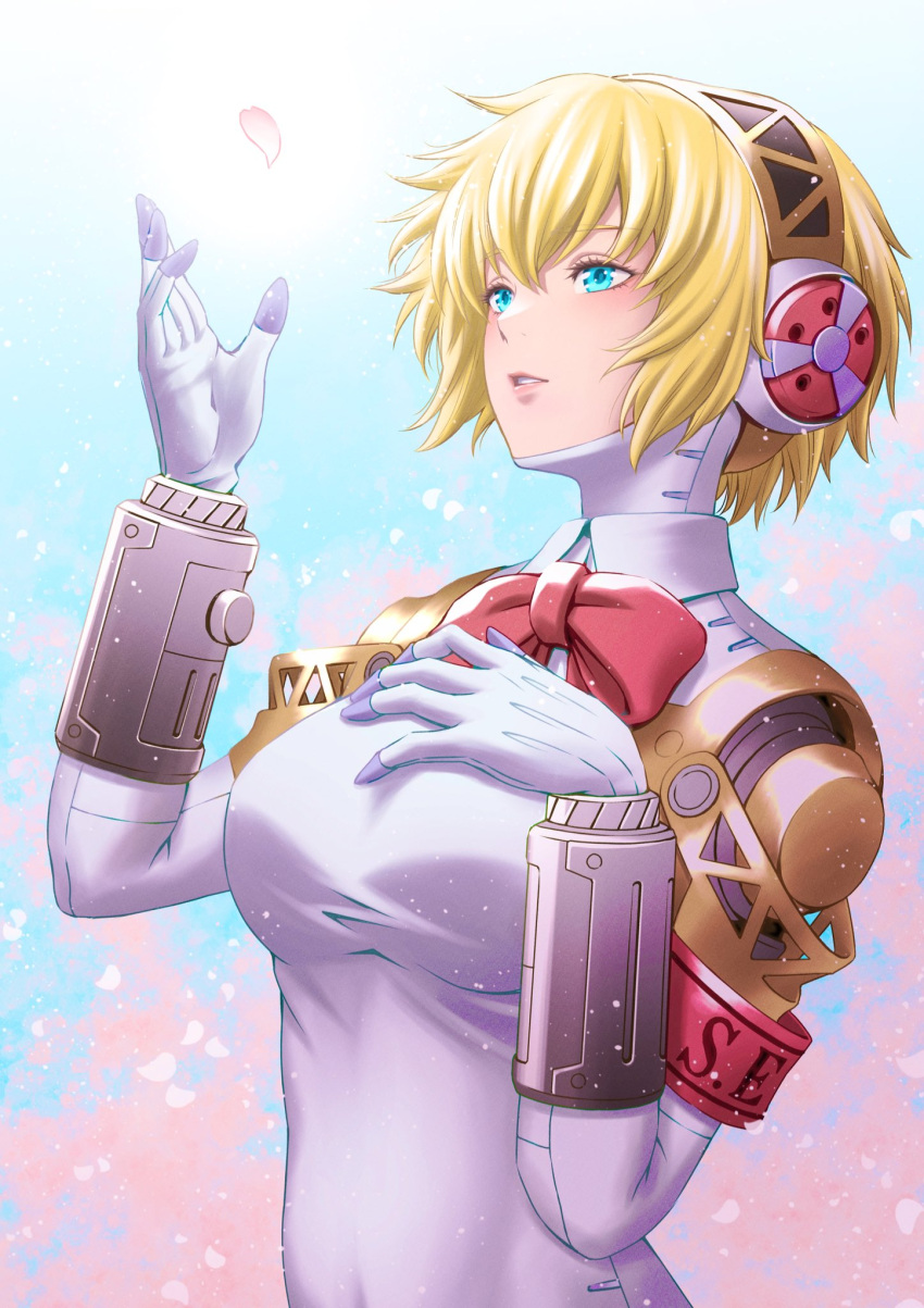 1girl aegis_(persona) android armband blonde_hair blue_eyes bow bowtie commentary_request hair_between_eyes hairband hand_on_own_chest headphones highres lips looking_away masatoshi_1219 parted_lips persona persona_3 petals pink_lips red_armband red_bow red_bowtie robot_ears s.e.e.s short_hair solo