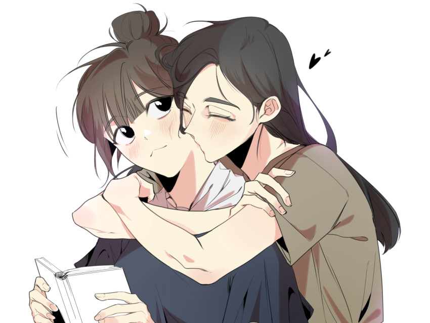 2girls beautiful_gunbari black_eyes blush book brown_hair brown_shirt closed_eyes hair_bun hdisis999 highres hug hug_from_behind kim_gaeul kim_sori kiss kissing_neck medium_hair multiple_girls open_book shirt short_sleeves simple_background white_background yuri